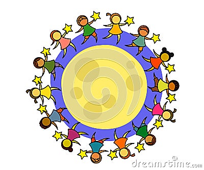 Various children on the moon. The children stood in a circle. Cartoon. Cartoon Illustration